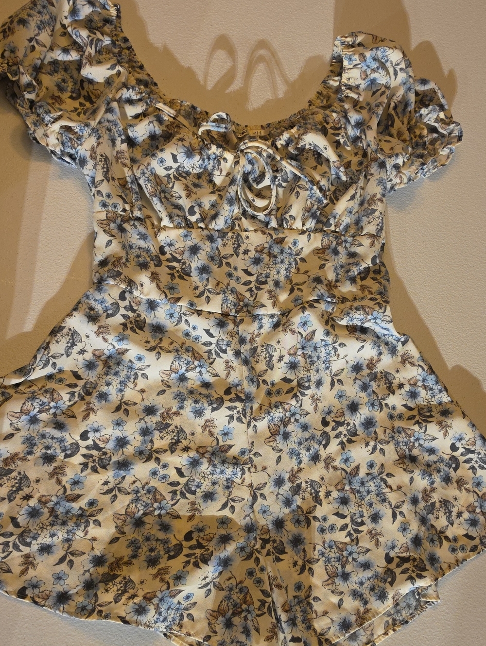 Cream and Blue Floral Tie-Front Romper